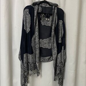Mother’s Day 3 pc  Gift Set Navy White Paisley Fringe Shawl Two pairs earrings